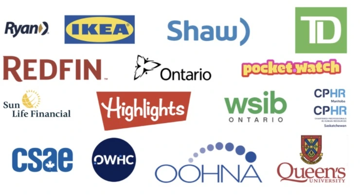 Colourful logos of various organizations that Jason has worked with including: TD Bank, Ikea, Shaw Communications, Redfin, Pocketwatch and more.